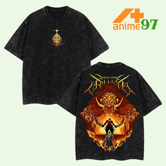 Elden Fire Warrior Washed T-Shirt – Souls-Inspired Dark Fantasy Graphic Oversized Unisex Streetwear