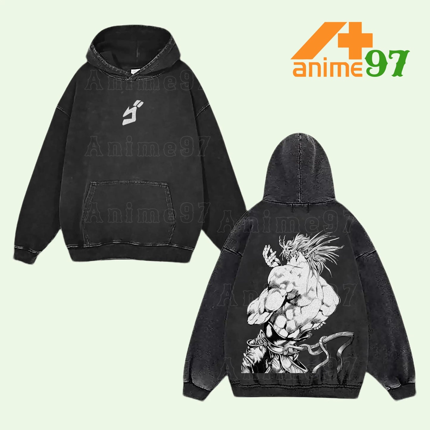 Retro Vintage Stardust Legacy Villain Pose Washed Hoodie – Muscular Dark Antagonist Manga-Inspired Graphic Oversized Unisex Streetwear