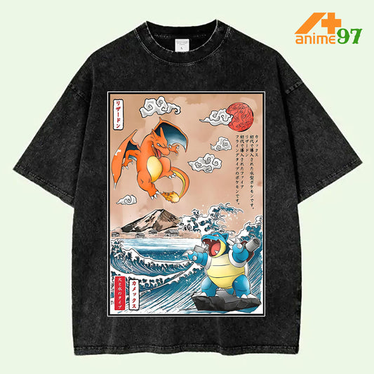 Limited Charizard vs Blastoise Ukiyo-e Vintage Washed T-shirt - Pokemon Samurai Style Oversized Graphic Tee for Men and Women Cool Retro Unisex Streetwear Gift for Anime Fans