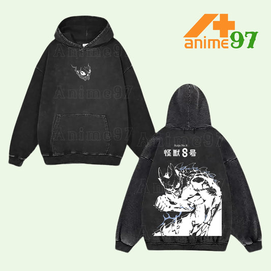 Limited Edition Monster No. 8-Inspired Washed Hoodie – Double Printed Vintage Oversized Unisex Heavyweight Streetwear for Manga Fans