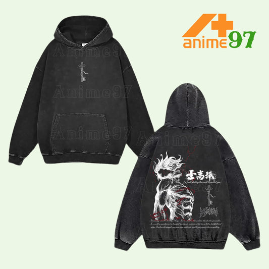 Limited Titan Slayer Protagonist Washed Hoodie – Double Printed Vintage Oversized Unisex Heavyweight Streetwear for Anime and Manga Fans