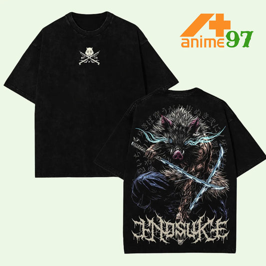 Retro Limited Boar Mask Sword Duelist Washed T-Shirt – Oversized Unisex Vintage Anime-Inspired Streetwear