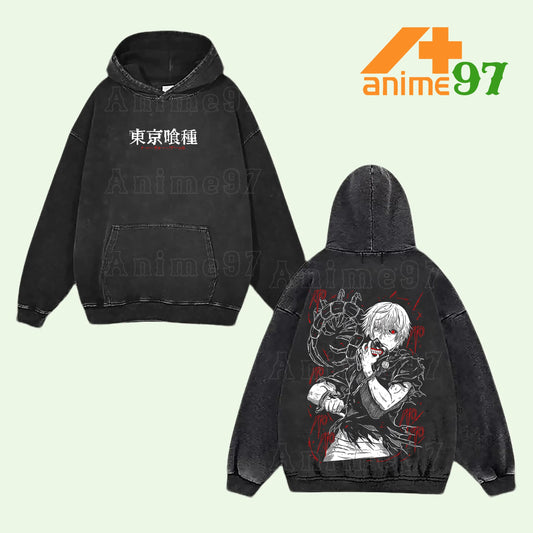 Limited Retro Vintage Masked Ghoul Slayer Washed Hoodie – Oversized Unisex Heavyweight Anime-Inspired Streetwear for Manga Fans