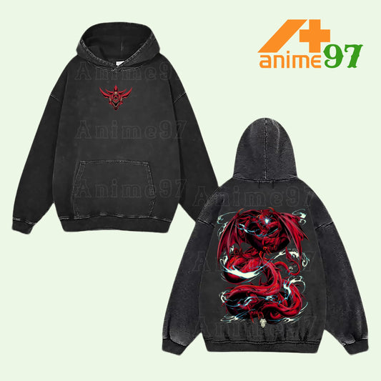 Limited Retro Crimson Dragon Flame Washed Hoodie – Dark Card Battle Creature Graphic Oversized Unisex Streetwear for Fantasy Game Fans