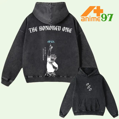 Limited Retro Heavy White-Haired Sorcerer Washed Hoodie – Double Printed Oversized Unisex Heavyweight Cotton Anime-Inspired Streetwear