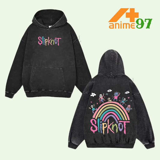 Retro Vintage Limited Rainbow Crayon Chaos Washed Hoodie – Double Printed Oversized Acid Wash Alternative Rock Streetwear