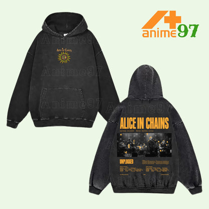 Retro Vintage Unplugged Rock Session Washed Hoodie – Grunge Band-Inspired Graphic Oversized Unisex Streetwear