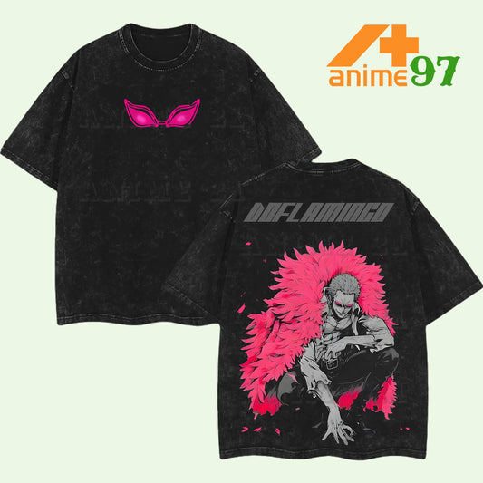 Retro Heavy Limited Pink Feather Warlord Washed T-Shirt – Double Printed Oversized Manga-Inspired Streetwear