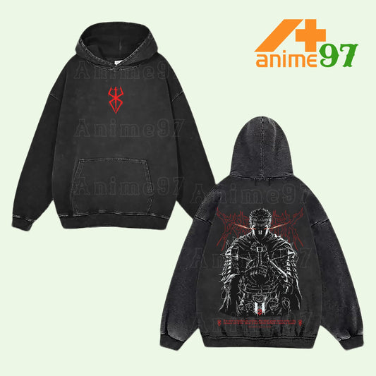 Retro Limited Black Swordsman Warrior Washed Hoodie – Double Printed Vintage Oversized Unisex Heavyweight Dark Fantasy Streetwear
