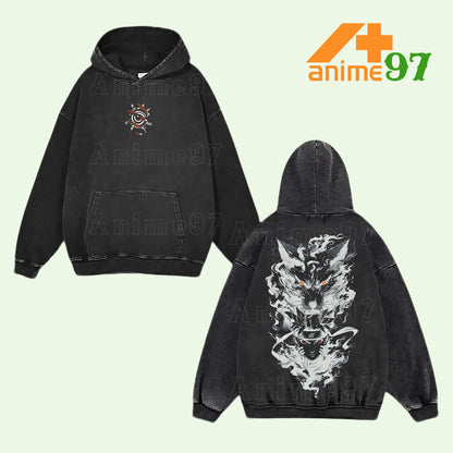 Retro Limited Nine-Tailed Warrior Bond Washed Hoodie – Double Printed Vintage Oversized Unisex Heavyweight Anime-Inspired Streetwear