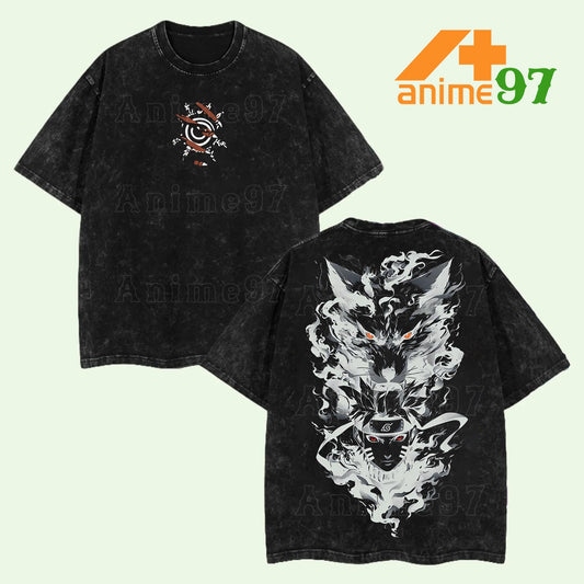 Retro Heavy Limited Nine-Tailed Bond Warrior Washed T-Shirt – Double Printed Heavyweight Vintage Anime-Inspired Tee