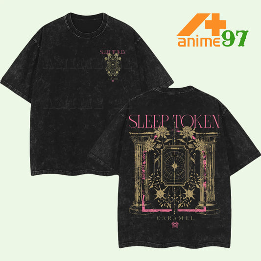 Retro Heavy Limited Caramel Gold Temple Sigil Washed T-Shirt – Double Printed Oversized Gothic Rock-Inspired Streetwear