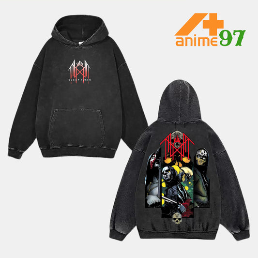 Retro Heavy Limited Death Masked Figures Washed Hoodie – Double Printed Oversized Alternative Rock-Inspired Streetwear