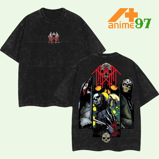 Retro Heavy Limited Death Masked Figures Washed T-Shirt – Double Printed Oversized Gothic Rock-Inspired Streetwear