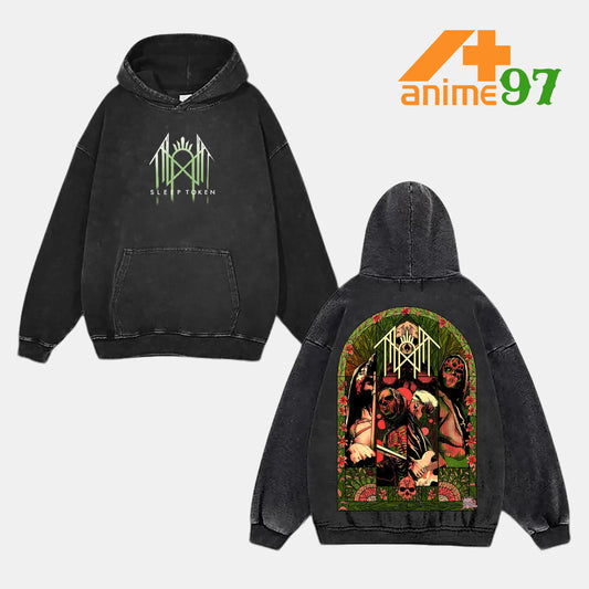 Retro Heavy Limited Green Gothic Ritual Painting Washed Hoodie – Double Printed Oversized Dark Aesthetic Streetwear