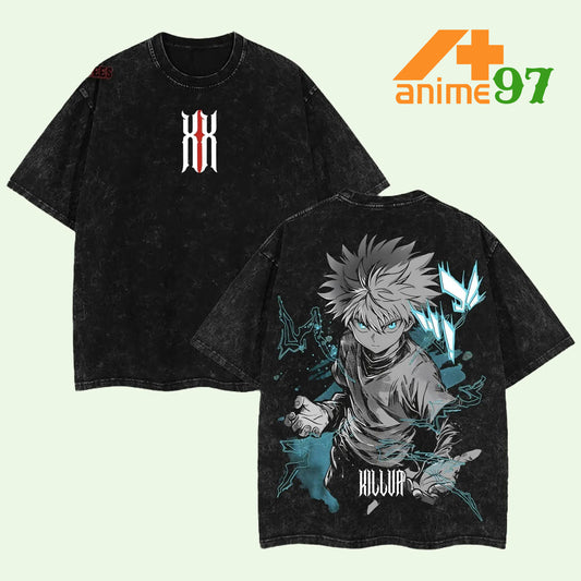 Retro Killua Zoldyck Hunter x Hunter Anime Washed T-sRetro Vintage Limited Thunder Prodigy Assassin Washed T-Shirt – Oversized Unisex Manga-Inspired Streetwearhirt Unisex Oversize Manga Graphic Tee Cool Gift for HxH Fans Men and Women Vintage Streetwear