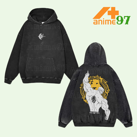 Retro Limited Radiant Sun Warrior Washed Hoodie – Vintage Pride Lion Crest Graphic Oversized Unisex Anime-Inspired Streetwear