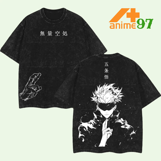 Retro Infinity White-Haired Sorcerer Washed T-Shirt – Oversized Unisex Manga-Inspired Streetwear Tee