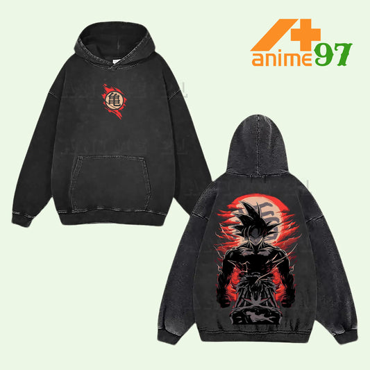 Retro Vintage Limited Dark Sun Warrior Washed Hoodie – Double Printed Oversized Heavyweight Anime-Inspired Pullover