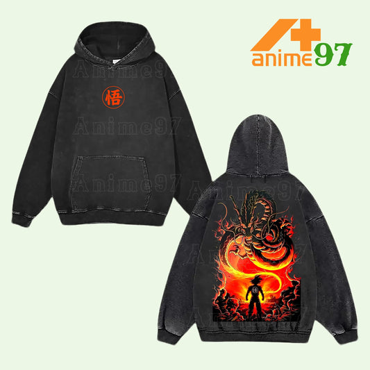 Retro Vintage Limited Dragon Caller Warrior Washed Hoodie – Double Printed Oversized Unisex Lightweight Acid Wash Anime-Inspired Streetwear