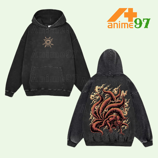 Retro Vintage Limited Nine-Tailed Beast Spirit Washed Hoodie – Oversized Unisex Anime-Inspired Streetwear