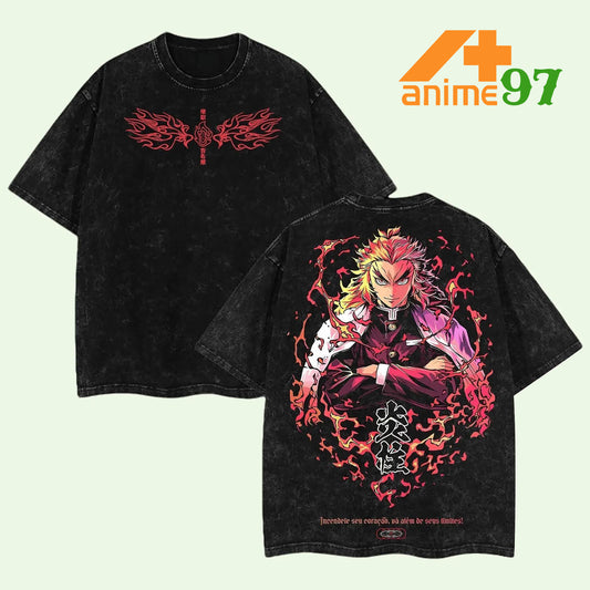 Retro Vintage Limited Flame Hashira Warrior Washed T-Shirt – Double Printed Oversized Heavyweight Anime-Inspired Tee