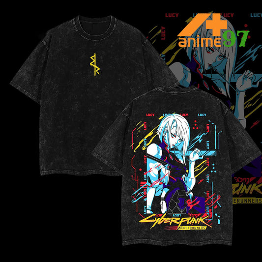 Retro Vintage Limited Neon Netrunner Lucy Washed T-Shirt – Oversized Unisex Cyberpunk-Inspired Streetwear Tee