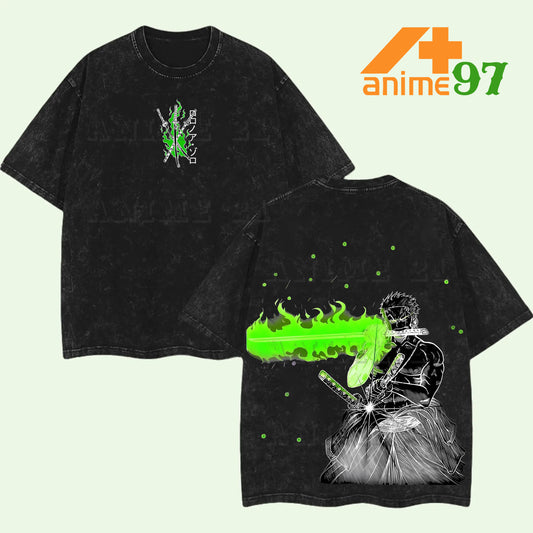 Retro Vintage Limited Onigiri Swordsman x Green Pirate Washed T-Shirt – Double Printed Oversized Anime-Inspired Streetwear