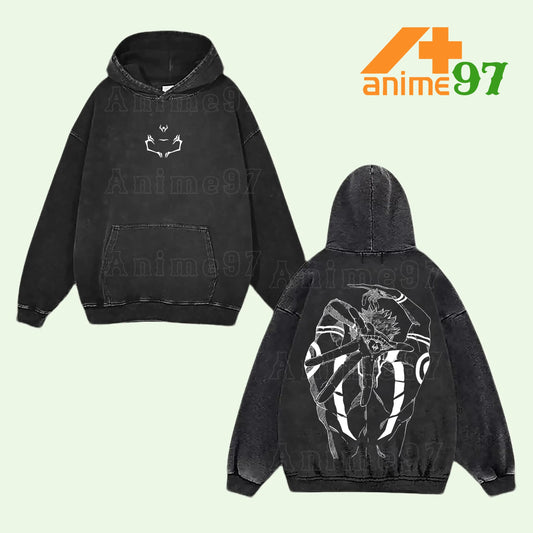 Retro Vintage Limited Cursed King Signature Washed Hoodie – Double Printed Oversized Unisex Acid Wash Lightweight Anime-Inspired Streetwear
