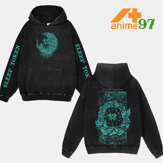Retro Vintage Limited Arcadian Botanical Sigil Washed Hoodie – Oversized Unisex Teal Wreath Rock-Inspired Streetwear