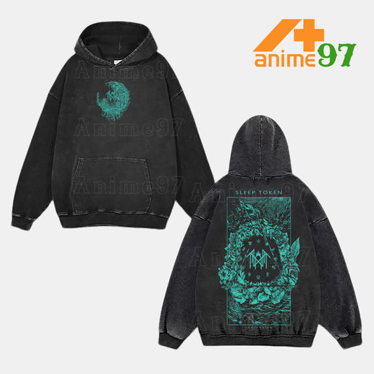 Retro Vintage Limited Arcadian Ritual Sigil Washed Hoodie – Oversized Black Teal Print Unisex Rock-Inspired Streetwear
