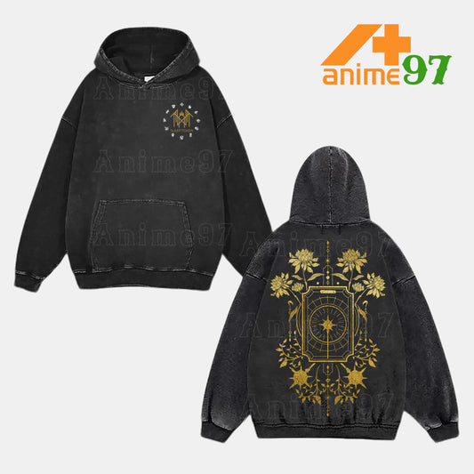Retro Vintage Limited Golden Ritual Compass Washed Hoodie – Oversized Unisex Rock-Inspired Streetwear