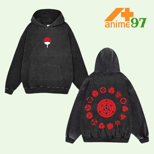 Retro Vintage Limited Crimson Eye Clan Washed Hoodie – Double Printed Oversized Unisex Lightweight Acid Wash Anime-Inspired Streetwear