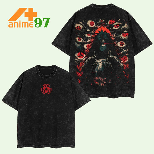Retro Vintage Limited Crimson Eye Overlord Washed T-Shirt – Double Printed Oversized Heavyweight Manga-Inspired Streetwear