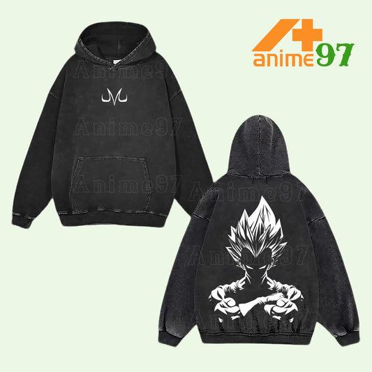 Retro Vintage Limited Prince of Saiyan Pride Washed Hoodie – Double Printed Oversized Unisex Lightweight Acid Wash Anime-Inspired Streetwear